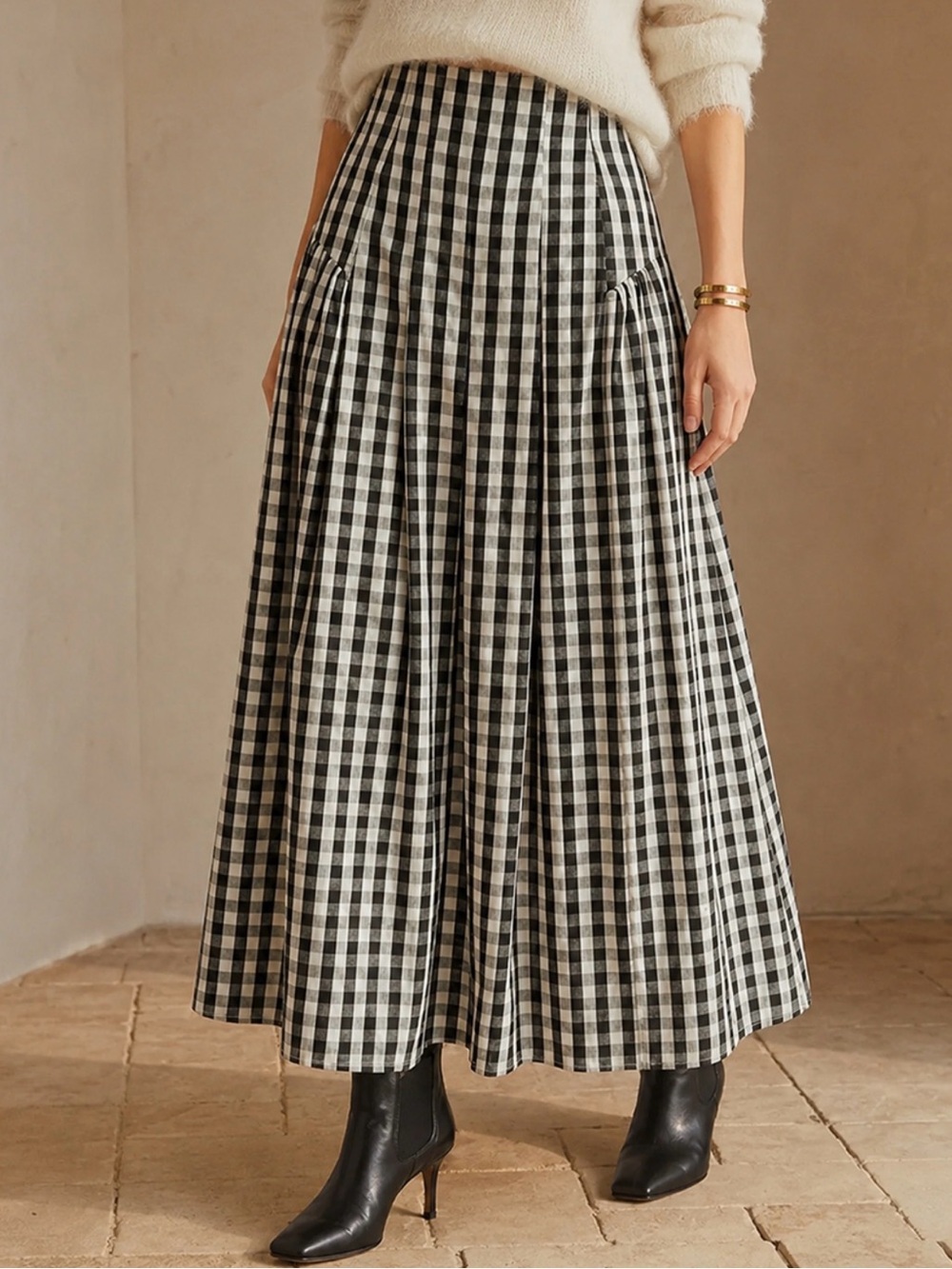 Commense Black and White Gingham Maxi Skirt, Size XL